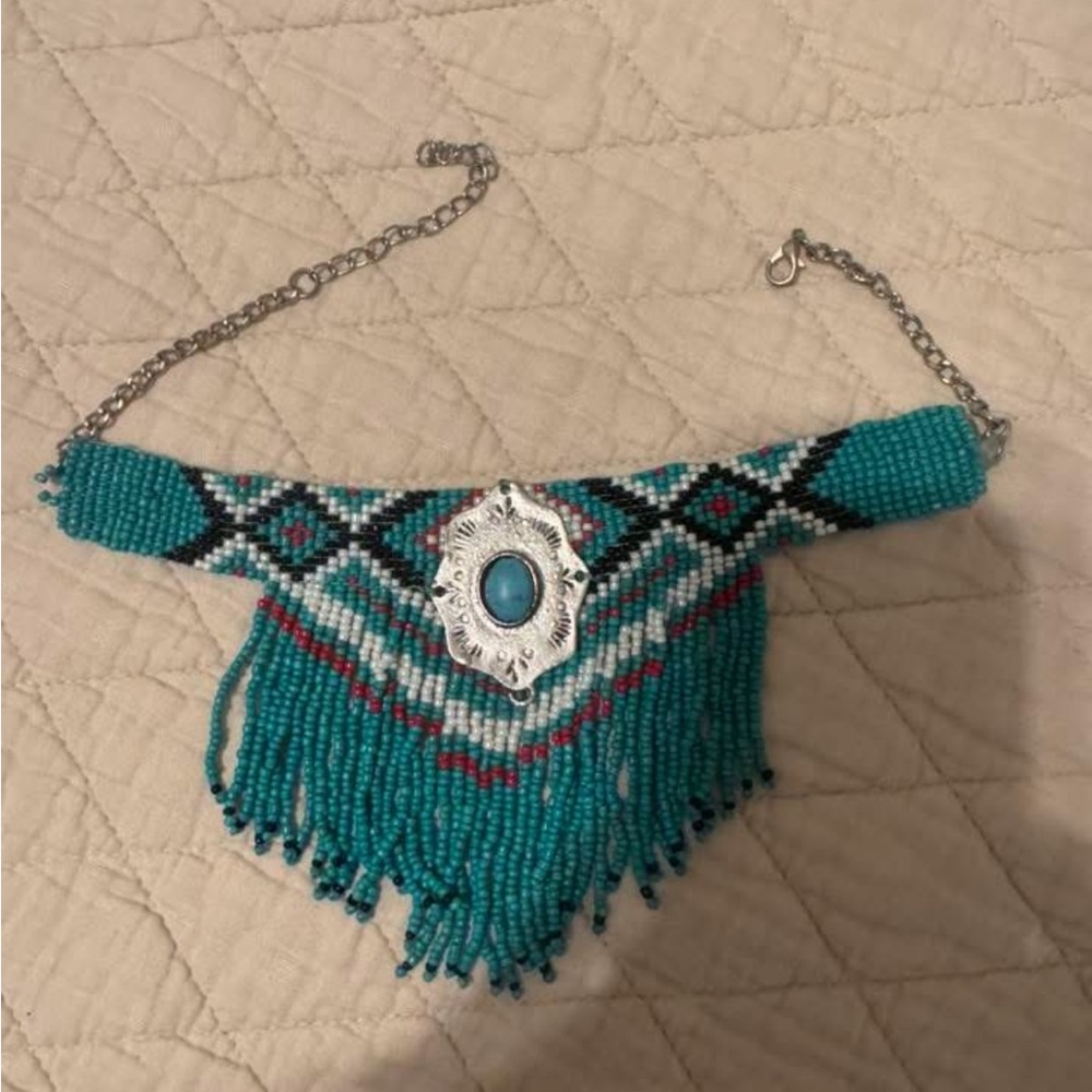 Turquoise Native American Beaded Necklace with Silver Accents